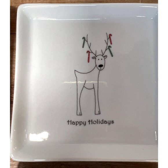 Set Of 4 Square Holiday-Themed Ceramic Dishes With Reindeer Graphics - Picture 3 of 7